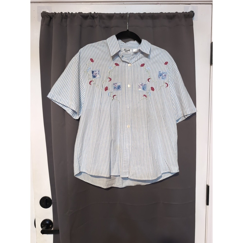 Kenneth Too Blue White Striped Embroidered‎ Flower Button Down, Women's Medium